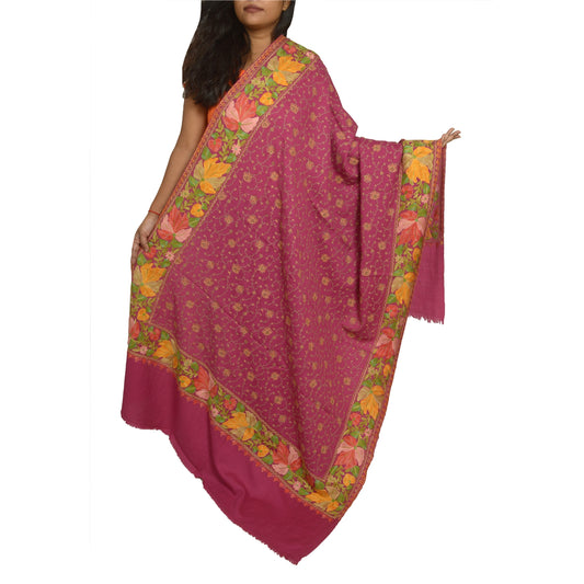 Sanskriti Vintage Long Pink Pure Woolen Shawl Handmade Ari Work Scarf Stole