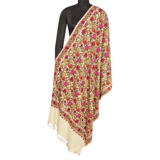 Sanskriti Vintage Long Ivory Pure Woolen Shawl Handmade Ari Work Scarf Stole