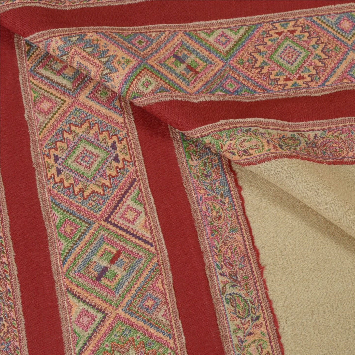 Sanskriti Vintage Long Ivory/Red Woolen Shawl Pure Woven Scarf Throw Soft Stole