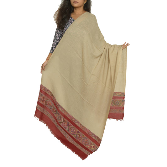 Sanskriti Vintage Long Ivory/Red Woolen Shawl Pure Woven Scarf Throw Soft Stole