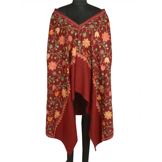 Sanskriti Vintage Long Dark Red Woolen Shawl Handmade Ari Work Scarf Stole
