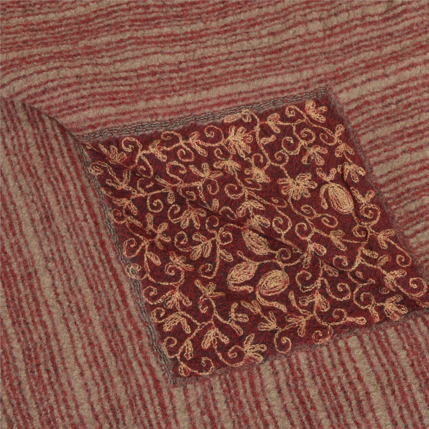 Sanskriti Vintage Long Dark Red Pure Woolen Shawl Handmade Ari Work Scarf Stole