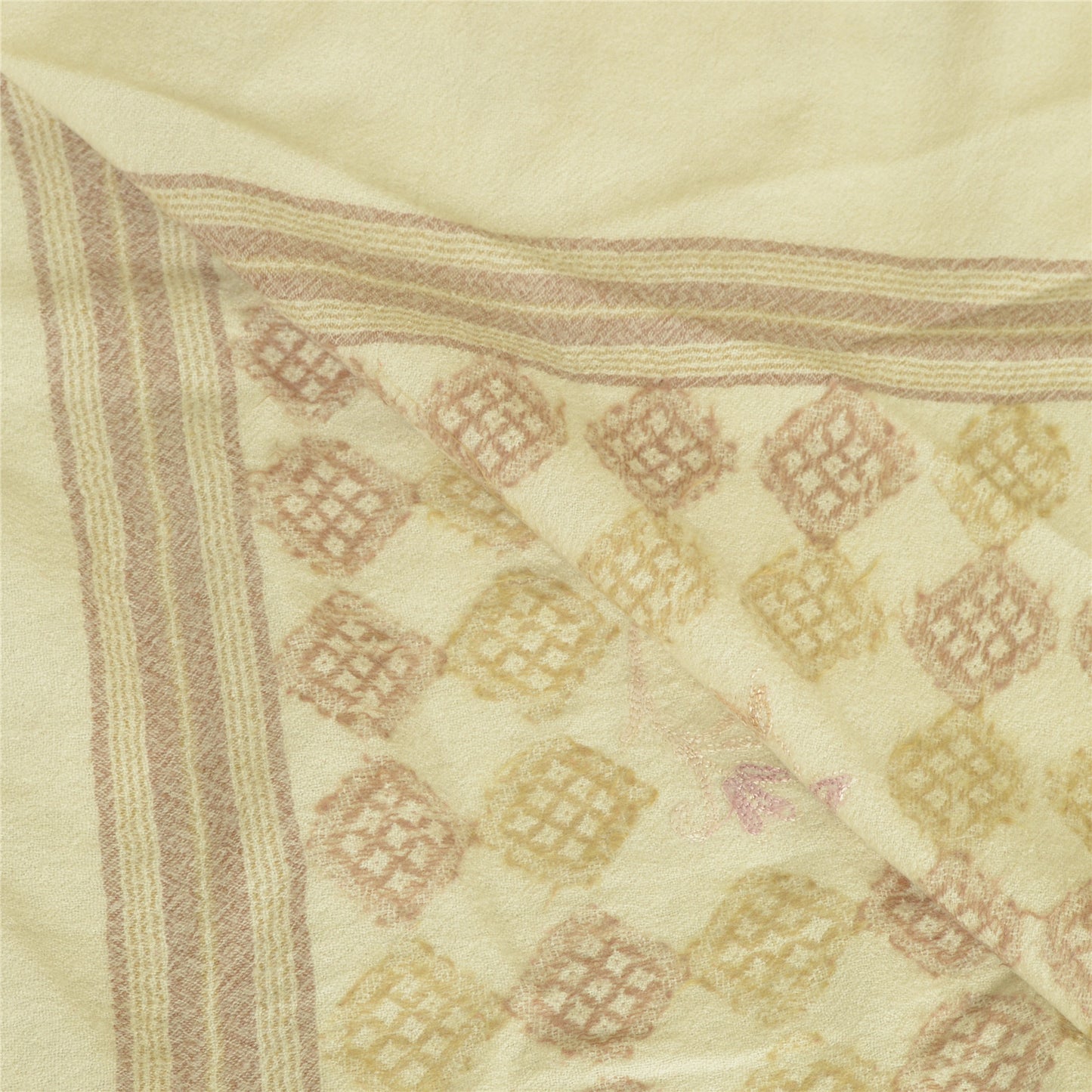 Sanskriti Vintage Long Ivory Pure Woolen Shawl Handmade Ari Work Scarf Stole