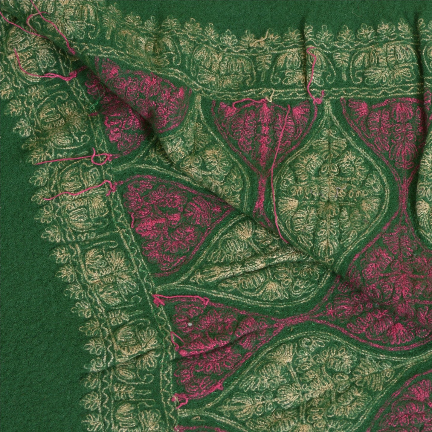 Sanskriti Vintage Long Green Pure Woolen Shawl Handmade Ari Work Scarf Stole