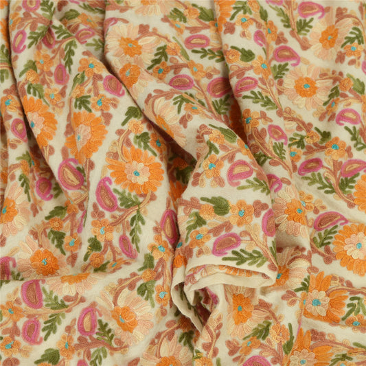 Sanskriti Vintage Long Ivory Pure Woolen Shawl Handmade Ari Work Scarf Stole