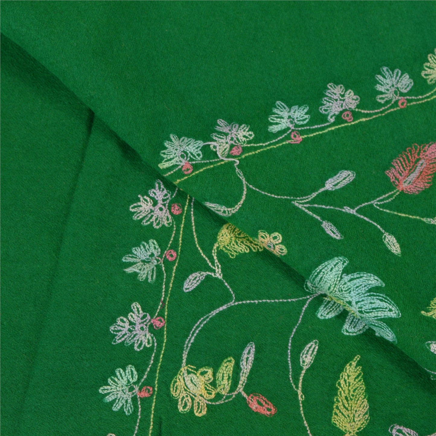 Sanskriti Vintage Long Green Pure Woolen Shawl Handmade Ari Work Scarf Stole