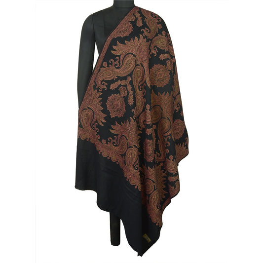 Санскрити Винтаж Длинный Черный Чистый Шерстяной Шаль Тканый Шарф Накидка Палантин