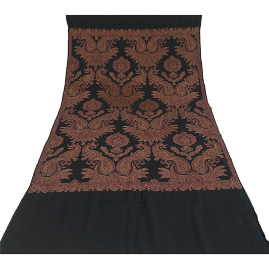 Sanskriti Vintage Long Black Pure Woolen Kashmiri Shawl Woven Scarf Wrap Throw Stole