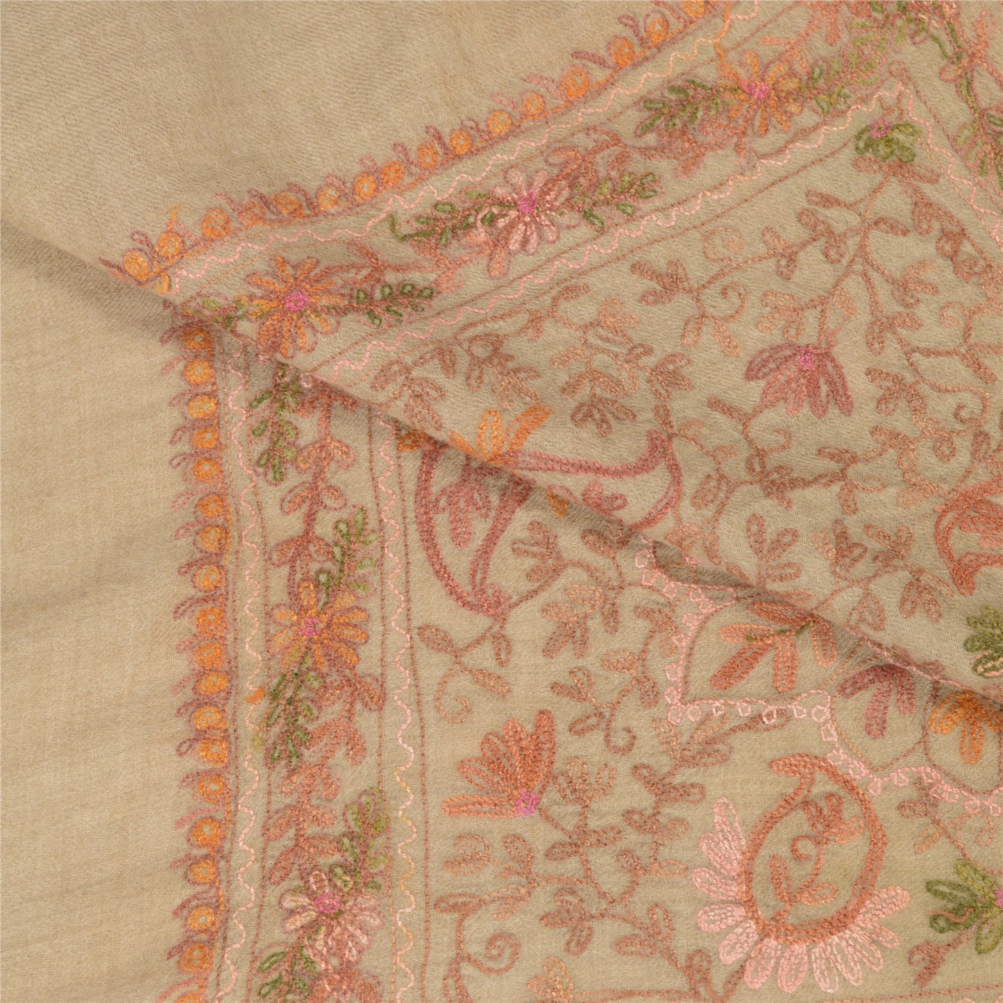 Sanskriti Vintage Long Ivory Pure Woolen Shawl Handmade Ari Work Scarf Stole