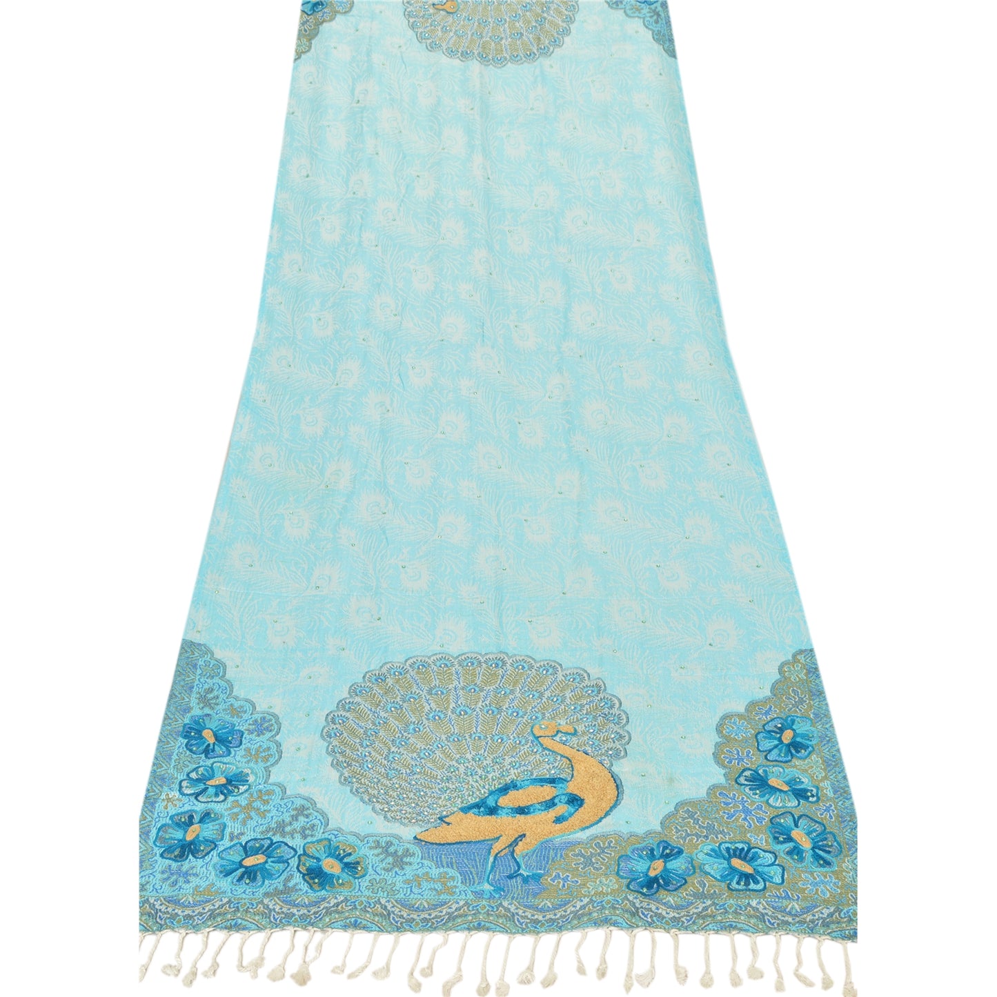 Sanskriti Vintage Indian Woven Viscose Blue Shawl Scarf Stole Warm Peacock