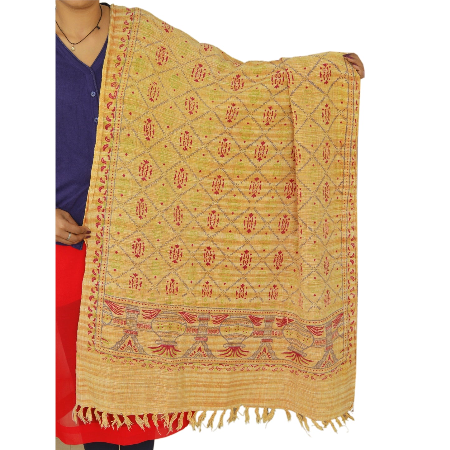 Sanskriti Vintage Painted Cotton Shawl Scarf Cream Stole Warm Fringes