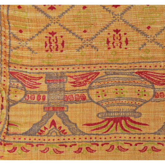 Sanskriti Vintage Painted Cotton Shawl Scarf Cream Stole Warm Fringes