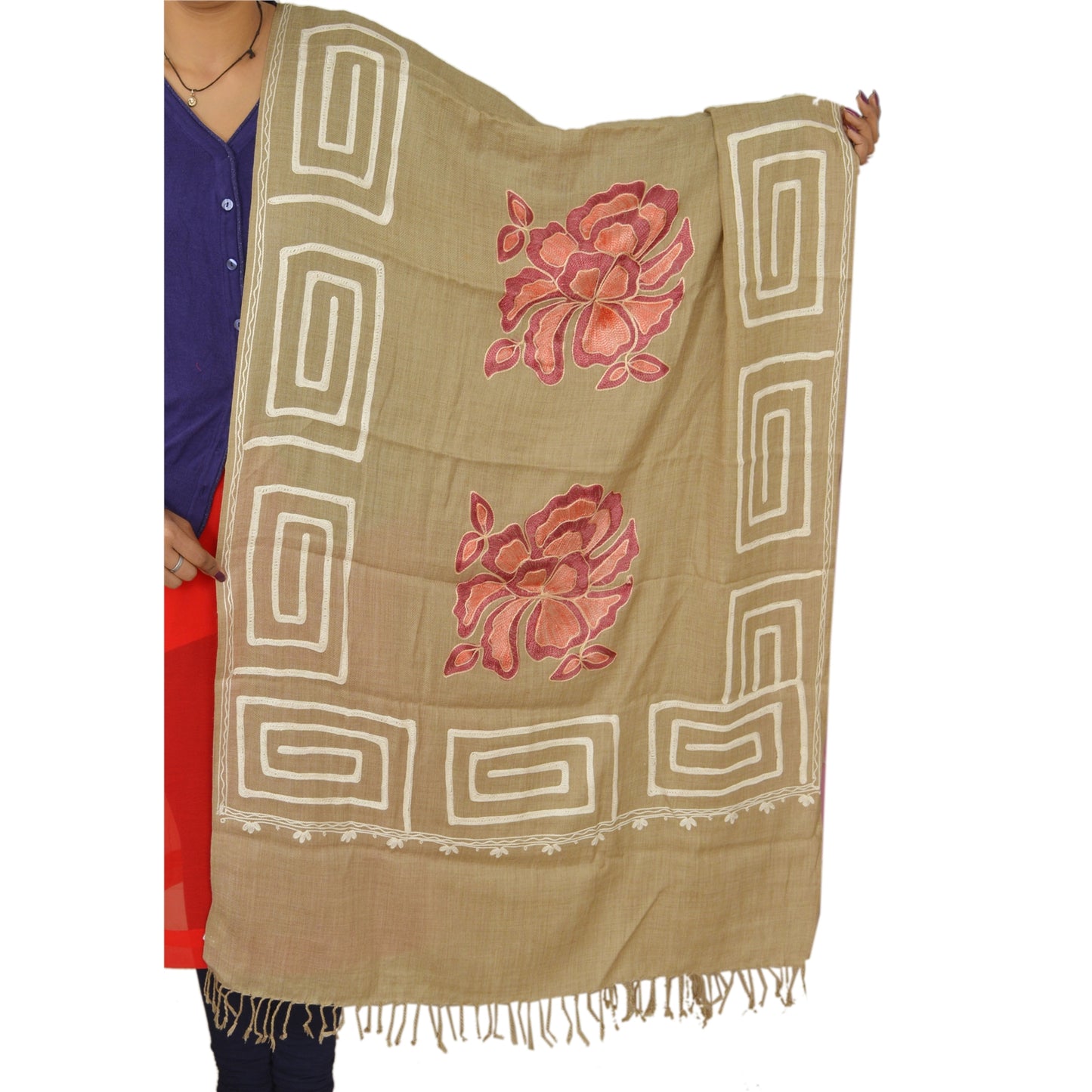 Sanskriti Vintage Ari Zama New Hand Embroidered Kashmiri Shawl Scarf Viscose Stole Brown