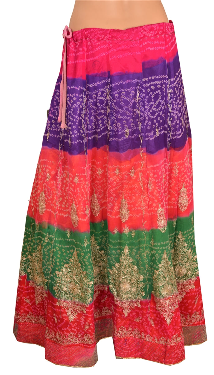 Sanskriti Vintage Indian Bollywood Women Long Skirt Hand Beaded Bandhani L Size Lehenga