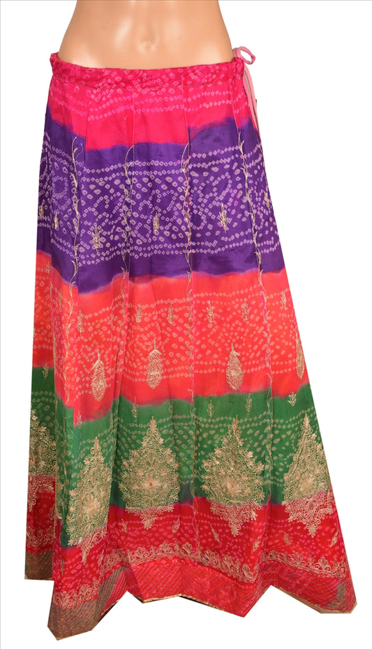 Sanskriti Vintage Indian Bollywood Women Long Skirt Hand Beaded Bandhani L Size Lehenga