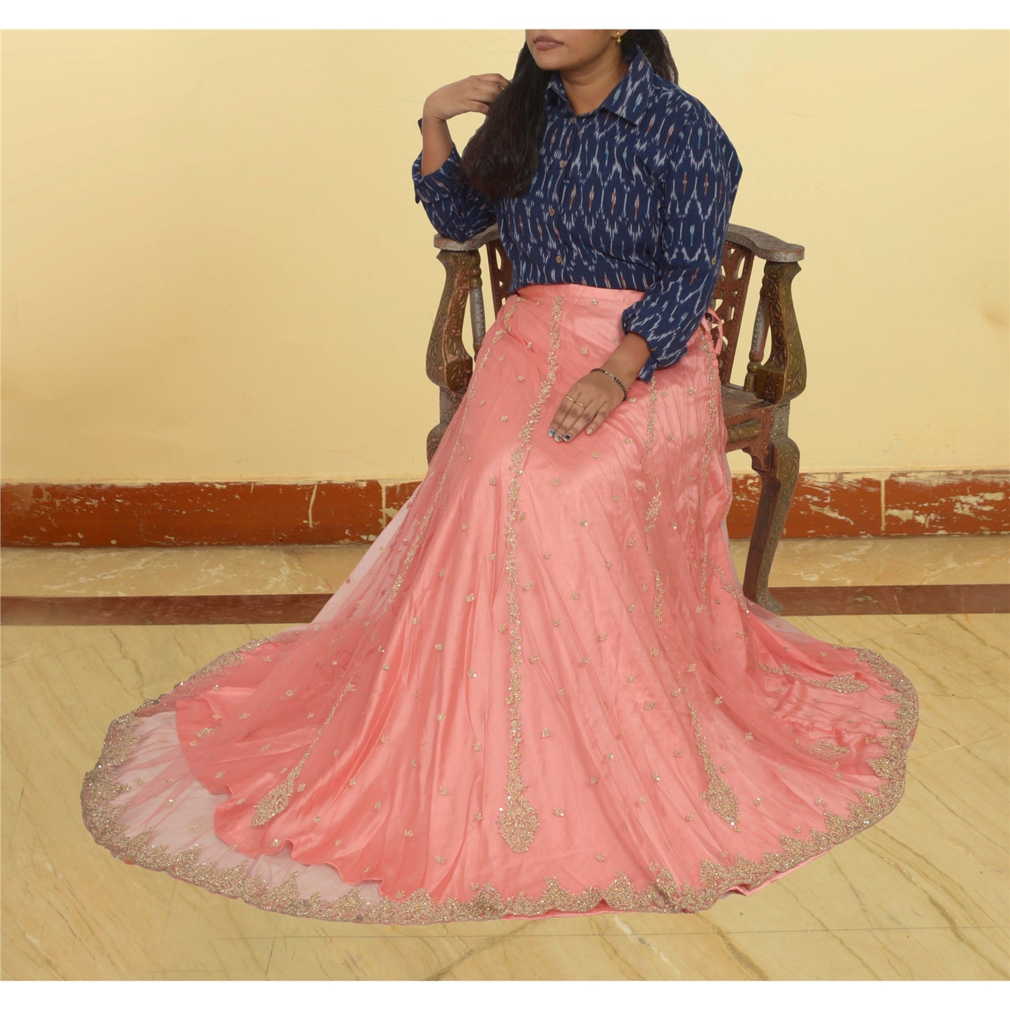 Sanskriti Vintage Bollywood Long Skirt Net Hand Beaded Peach Stitched Lehenga