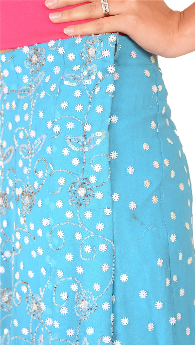 Sanskriti Vintage Indian Bollywood Women Long Skirt Hand Beaded Sky Blue S Size Lehenga