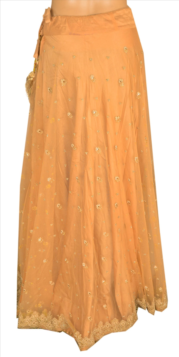 Sanskriti Vintage Indian Bollywood Women Long Skirt Hand Beaded Peach S Size Lehenga