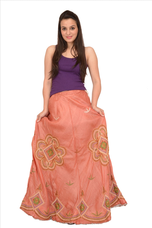 Sanskriti Vintage Indian Bollywood Women Long Skirt Hand Beaded Peach S Size Lehenga