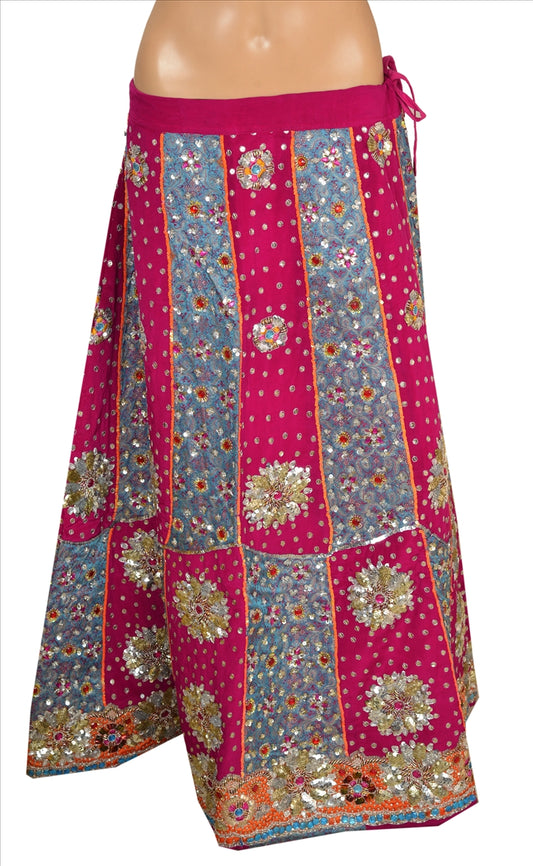 Sanskriti Vintage Indian Bollywood Women Long Skirt Hand Beaded Pink Blue L Size Lehenga