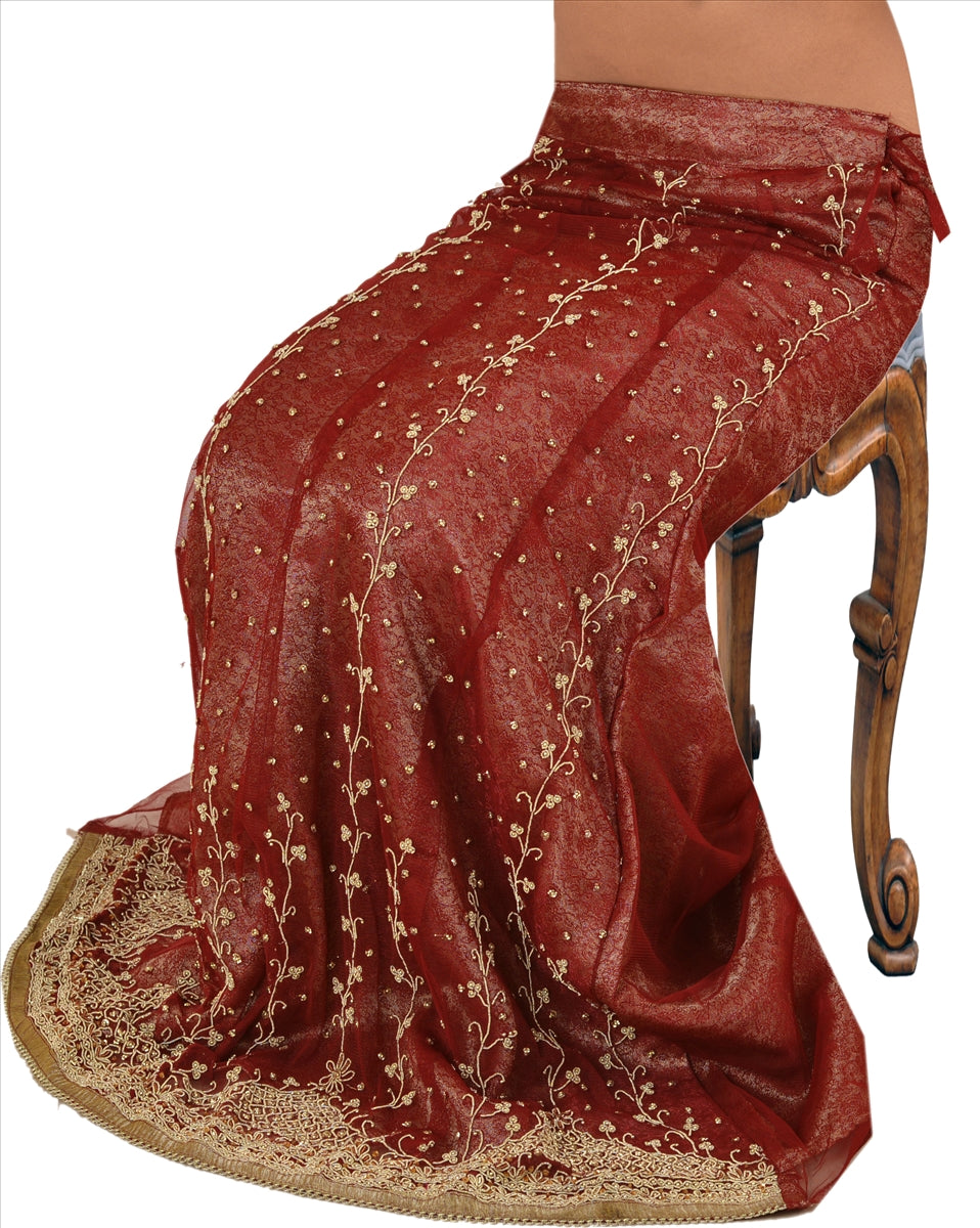 Sanskriti Vintage Indian Bollywood Women Long Skirt Hand Beaded Maroon L Size Lehenga