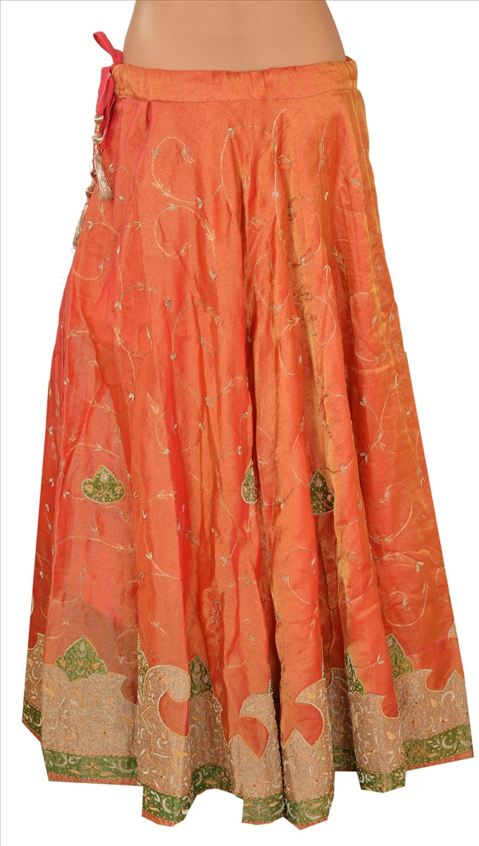 Sanskriti Vintage Indian Bollywood Women Long Skirt Hand Beaded Peach L Size Lehenga