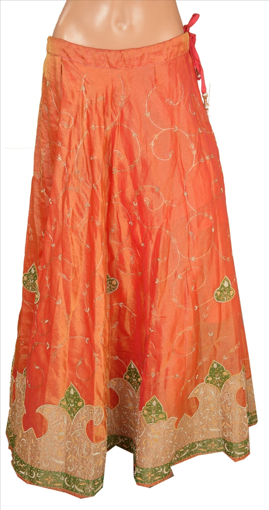 Sanskriti Vintage Indian Bollywood Women Long Skirt Hand Beaded Peach L Size Lehenga