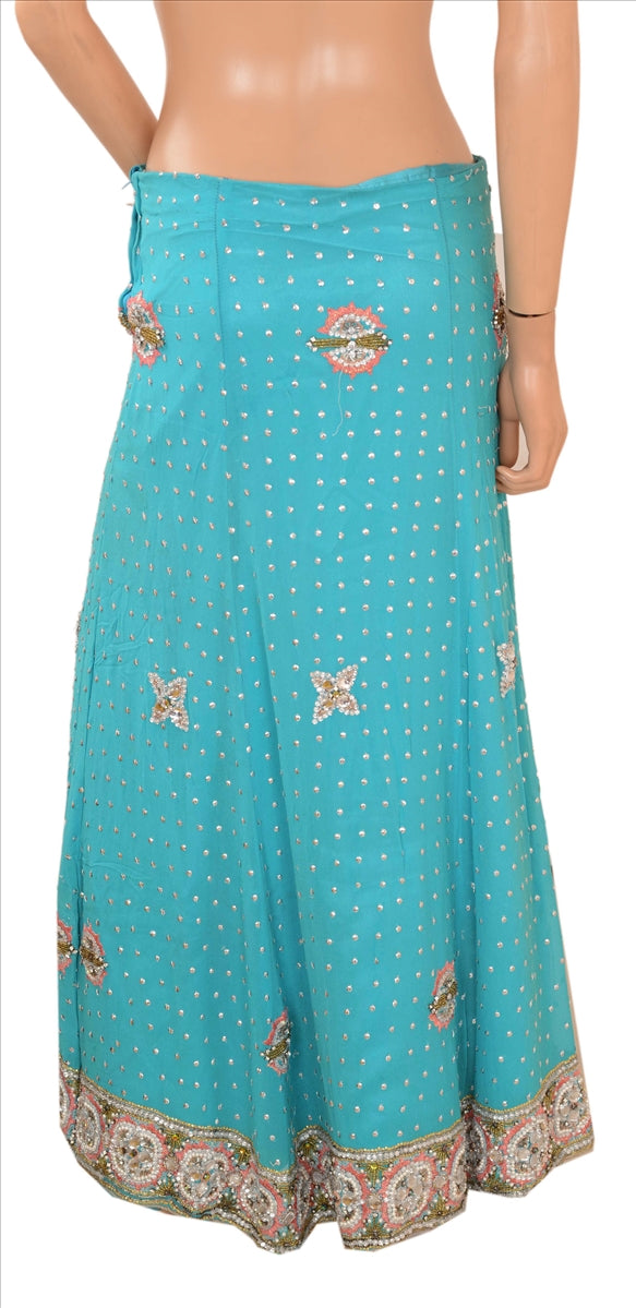Sanskriti Vintage Indian Bollywood Long Skirt Hand Beaded Blue M Size Lehenga