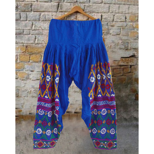 Sanskriti New Phulkari Salwar Blue Cotton Hand Embroidered Pants Floral