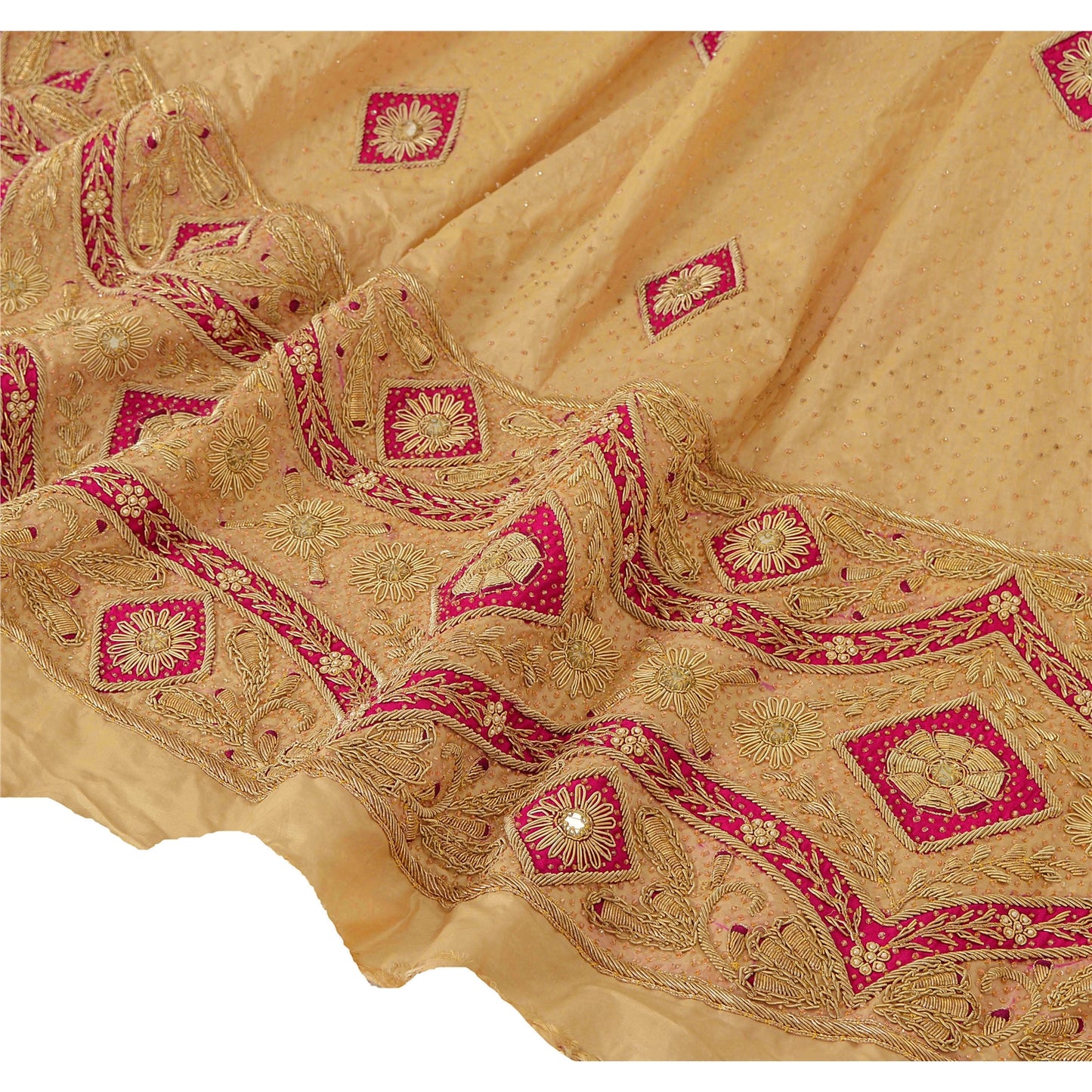 Sanskriti Vintage Cream Unstitched Long Skirt Lehenga Heavy Wedding Zardozi Work