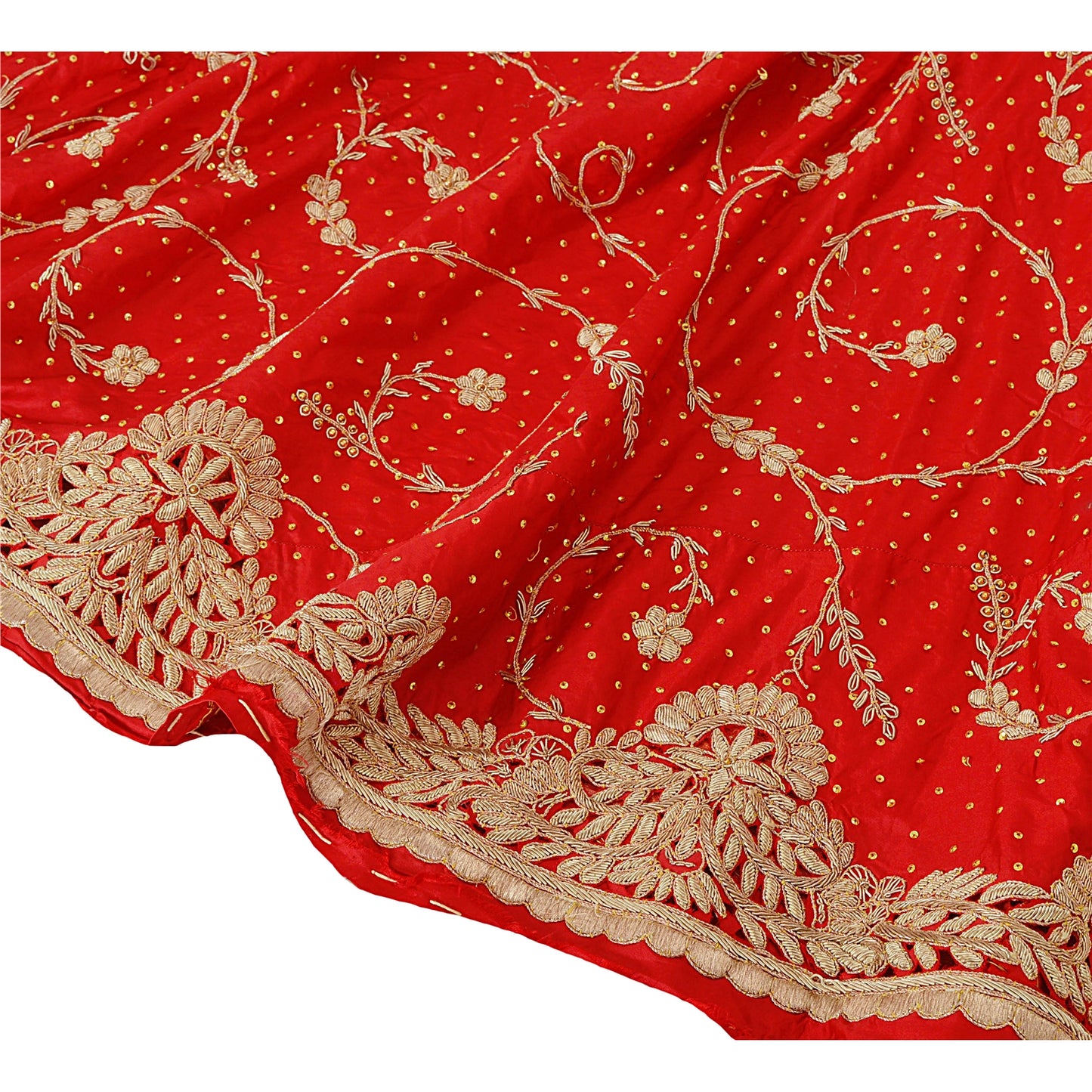 Sanskriti Vintage Red Unstitched Pure Silk Long Skirt Lehenga Heavy Wedding Zari