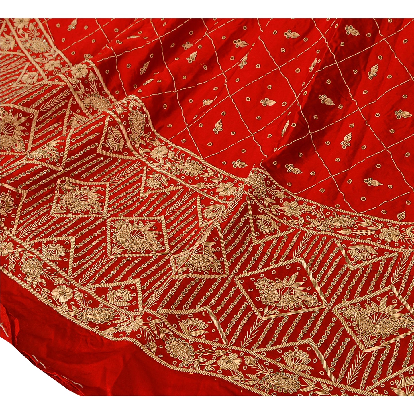 Sanskriti Vintage Red Unstitched Long Skirt Lehenga Heavy Wedding Zardozi