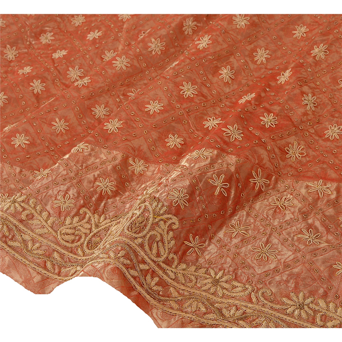 Sanskriti Vintage Unstitched Tissue Woven Long Skirt Lehenga Heavy Wedding Peach