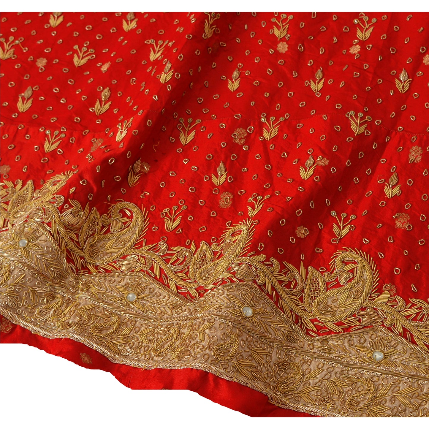 Sanskriti Vintage Red Unstitched Pure Silk Long Skirt Lehenga Heavy Wedding