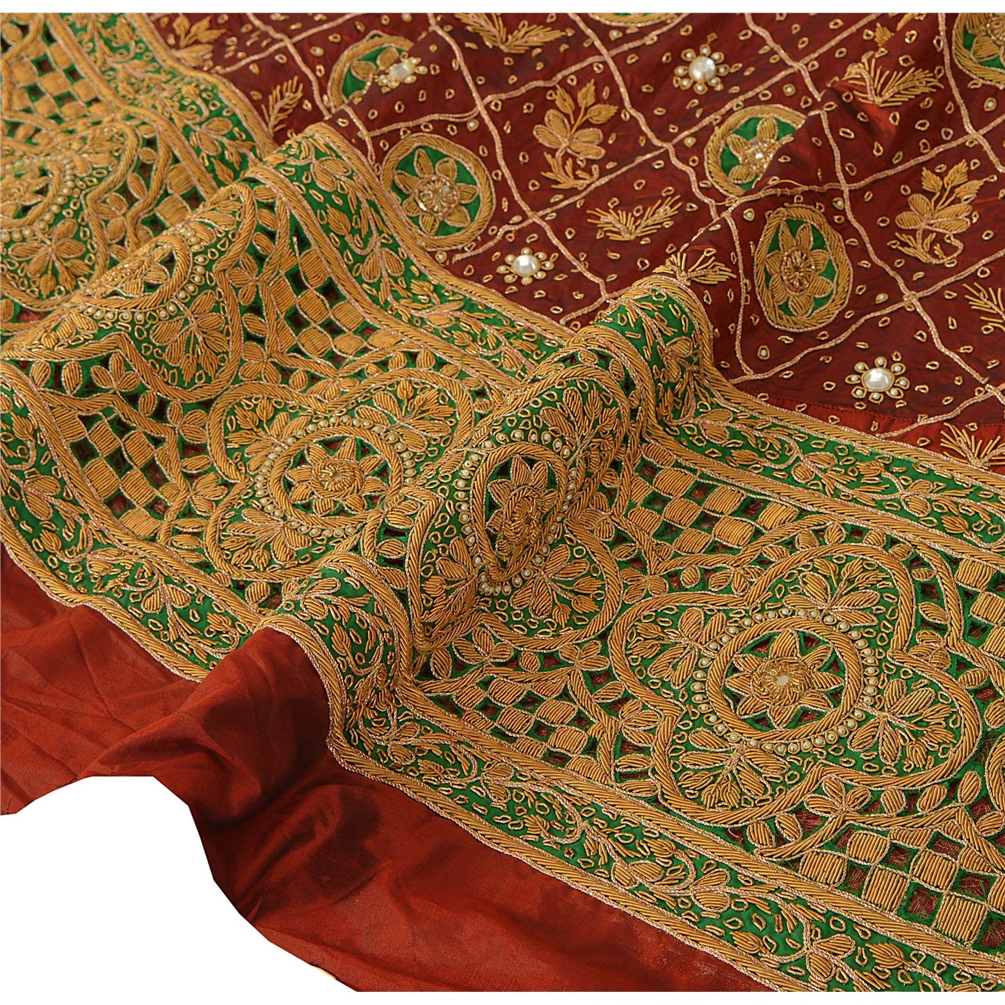 Sanskriti Vintage Dark Red Unstitched Pure Silk Long Skirt Lehenga Heavy Wedding