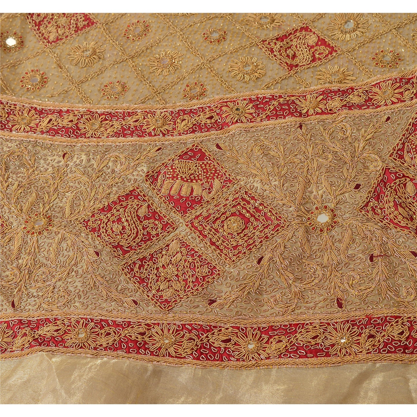 Sanskriti Vintage Golden Long Skirt 100% Pure Silk Hand Beaded Ethnic Unstitched