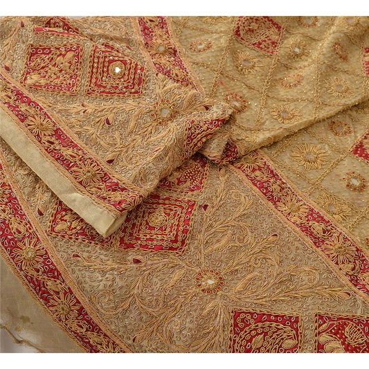 Sanskriti Vintage Golden Long Skirt 100% Pure Silk Hand Beaded Ethnic Unstitched