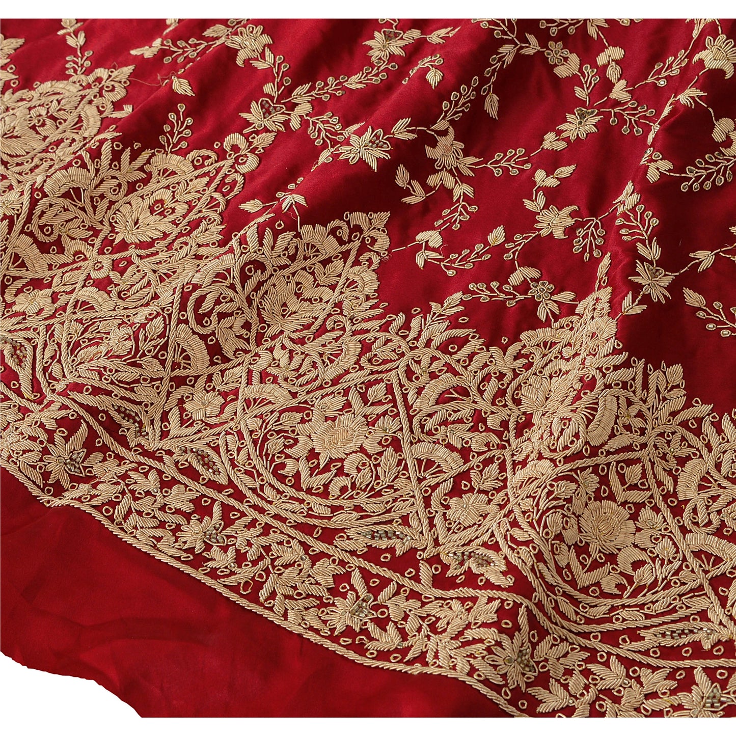 Sanskriti Vintage Red Long Skirt Pure Satin Silk Hand Beaded Ethnic Unstitched