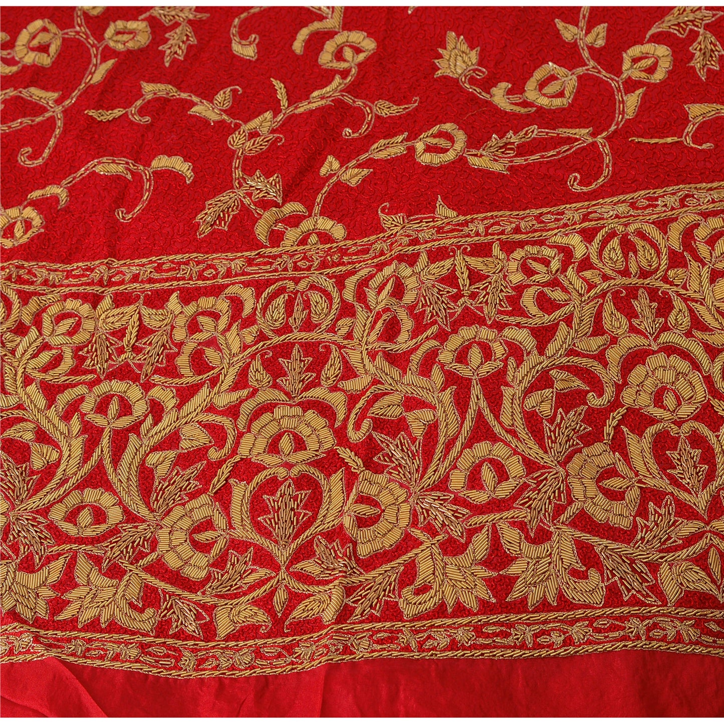 Sanskriti Vintage Red Long Skirt Pure Silk Hand Embroidered Ethnic Unstitched