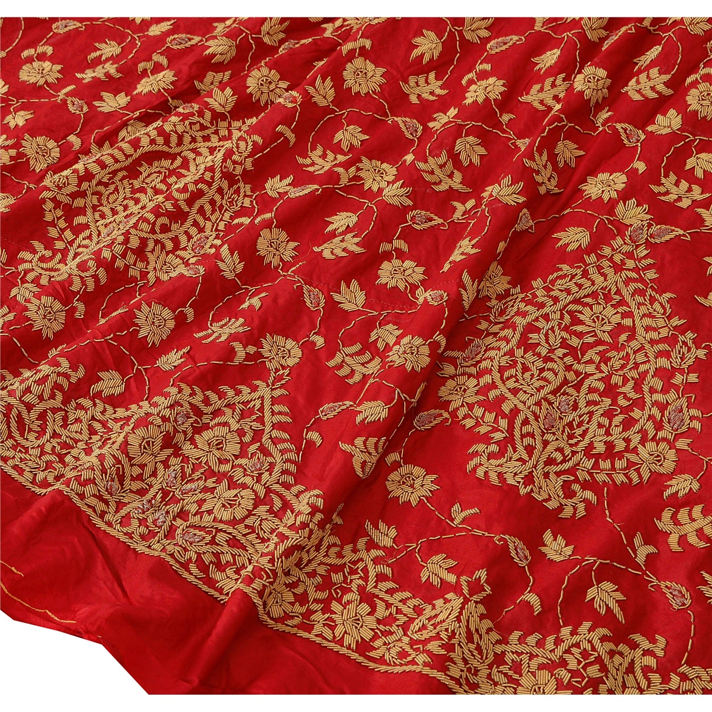 Sanskriti Vintage Red Long Skirt Hand Embroidered Pure Silk Ethnic Unstitched