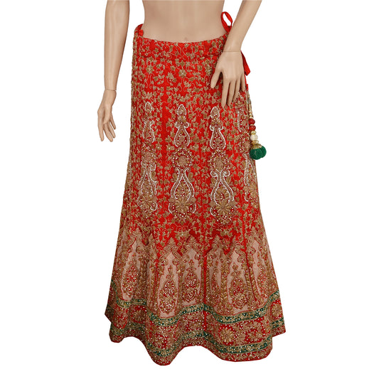 Sanskriti Vintage Red Long Skirt Net Mesh Hand Beaded Ethnic Lehenga Stitched