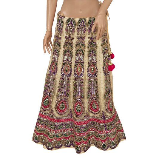 Sanskriti Vintage Cream Long Skirt Net Mesh Hand Beaded Ethnic Stitched Lehenga