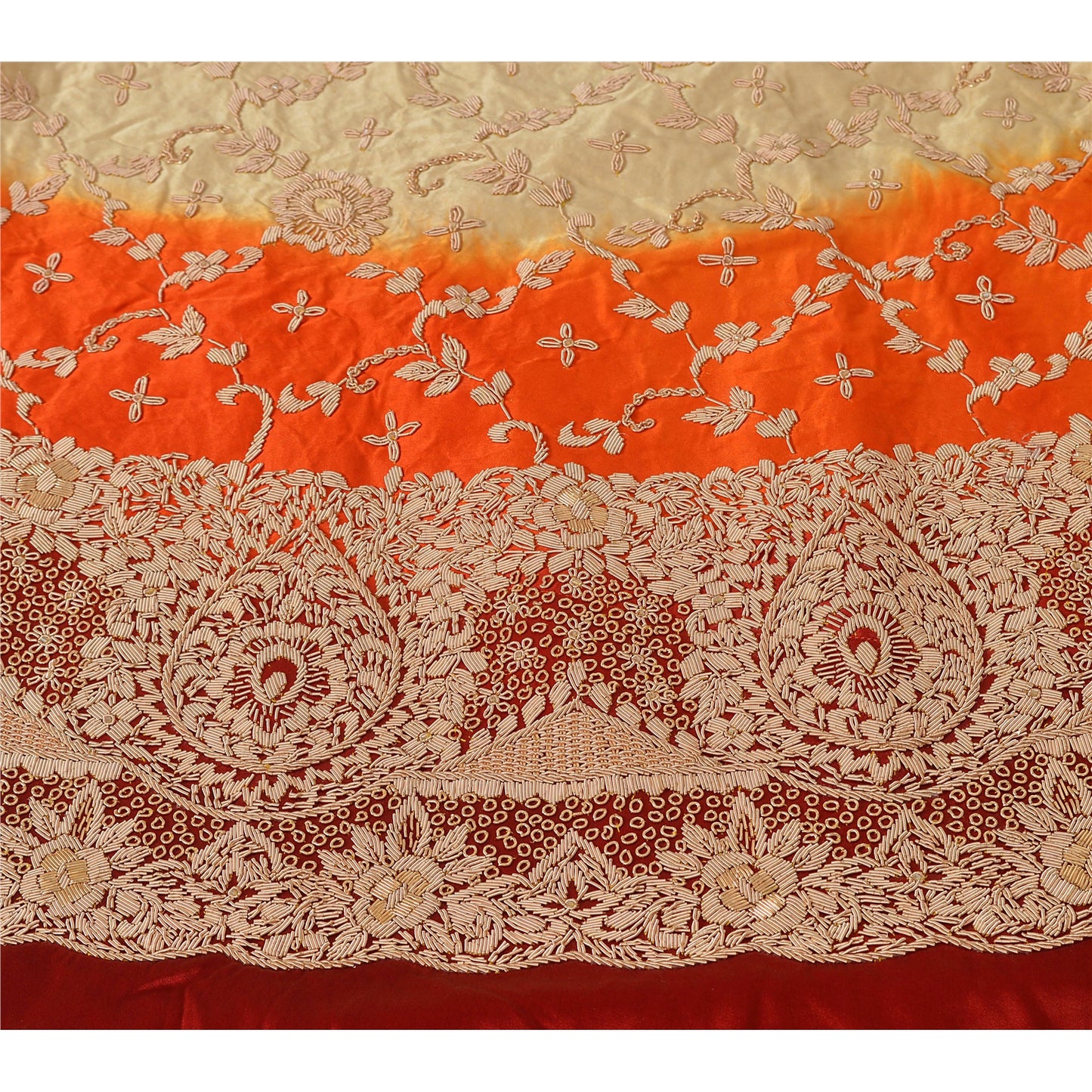 Sanskriti Vintage Cream Long Skirt Pure Satin Silk Hand Embroidered Unstitched