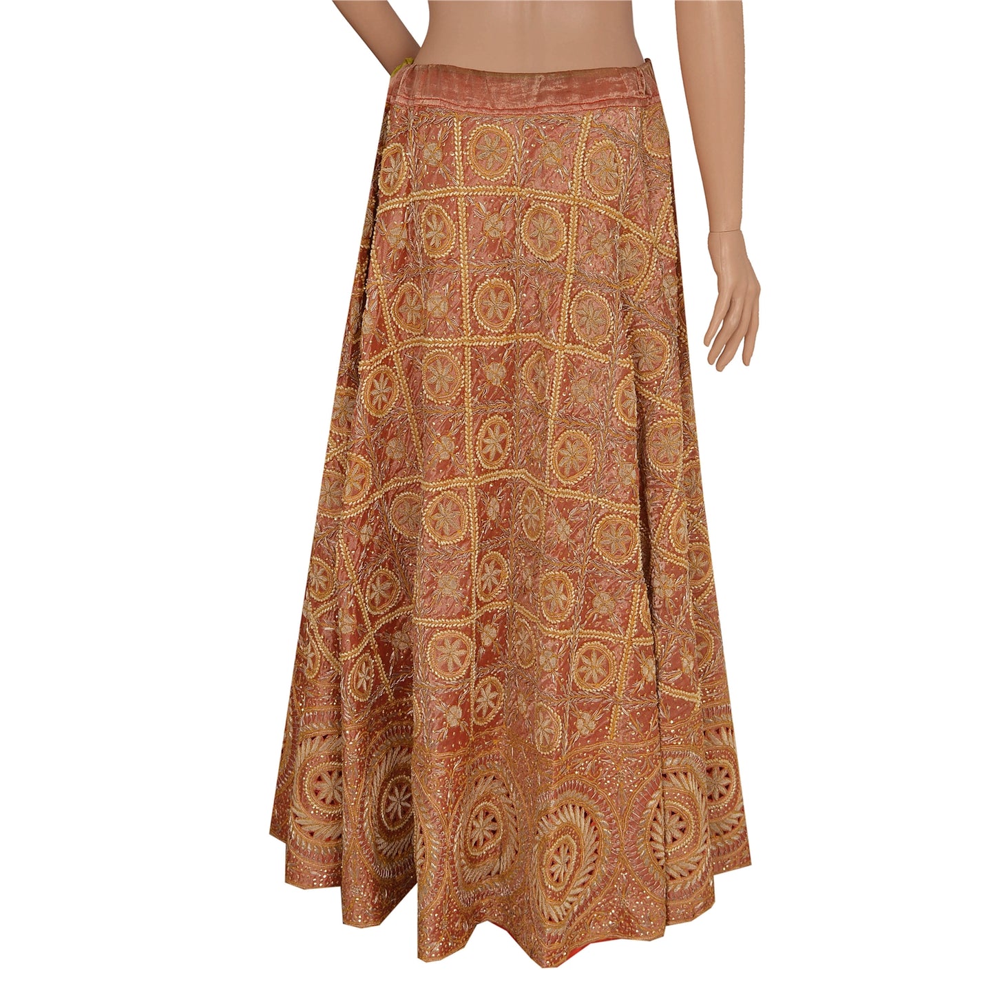 Sanskriti Vintage Brown Long Skirt Pure Tissue Silk Hand Beaded Ethnic Stitched