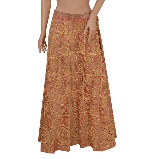 Sanskriti Vintage Brown Long Skirt Pure Tissue Silk Hand Beaded Ethnic Stitched