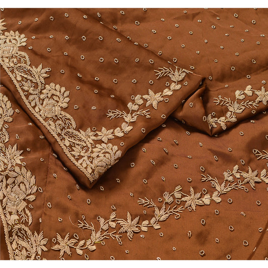 Sanskriti Vintage Brown Long Skirt Pure Satin Silk Hand Embroidered Unstitched