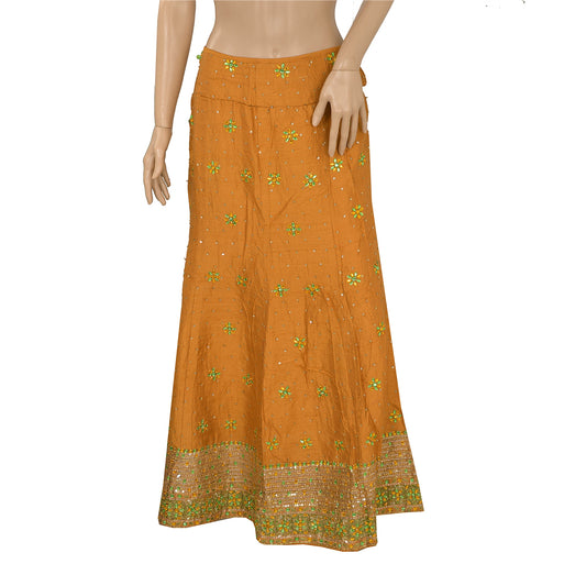 Sanskriti Vintage Mustard Long Skirt Pure Silk Hand Beaded Stitched Lehenga