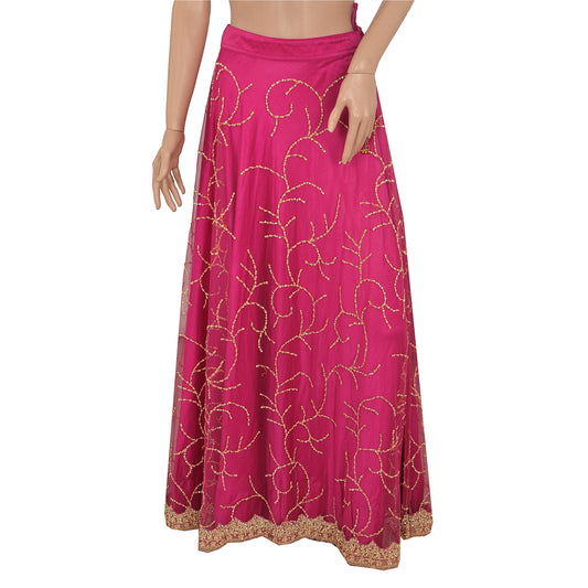 Sanskriti Vintage Pink Long Skirt Net Mesh Hand Beaded Ethnic Stitched Lehenga