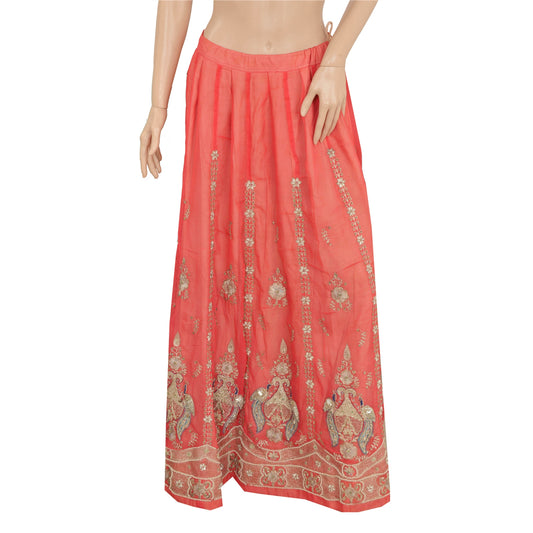 Sanskriti Vintage Pink Long Skirt American Georgette Hand Beaded Stitched Ethnic