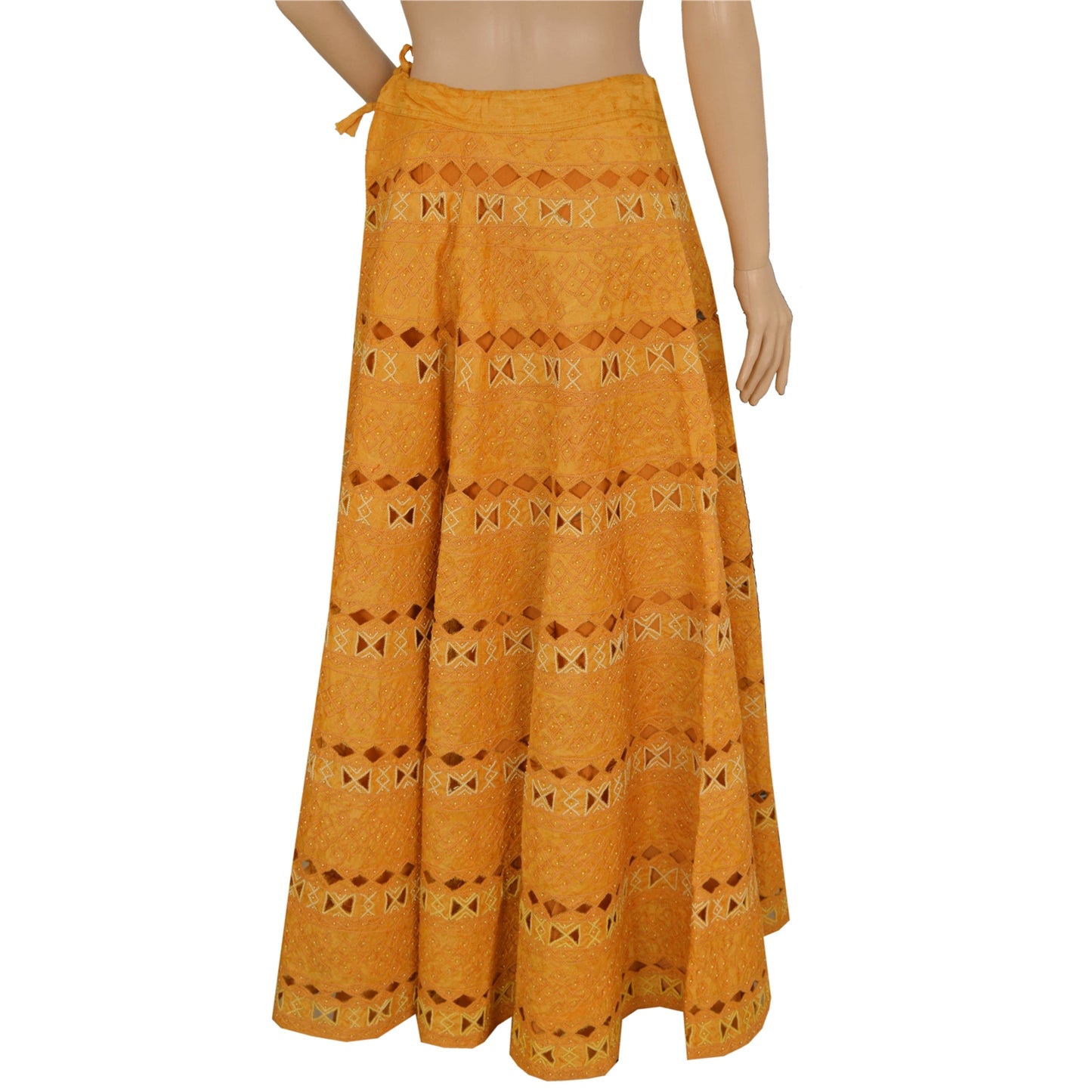 Sanskriti Vintage Mustard Long Skirt Pure Silk Sustainable Fabric Hand Bead Stitched Lehenga